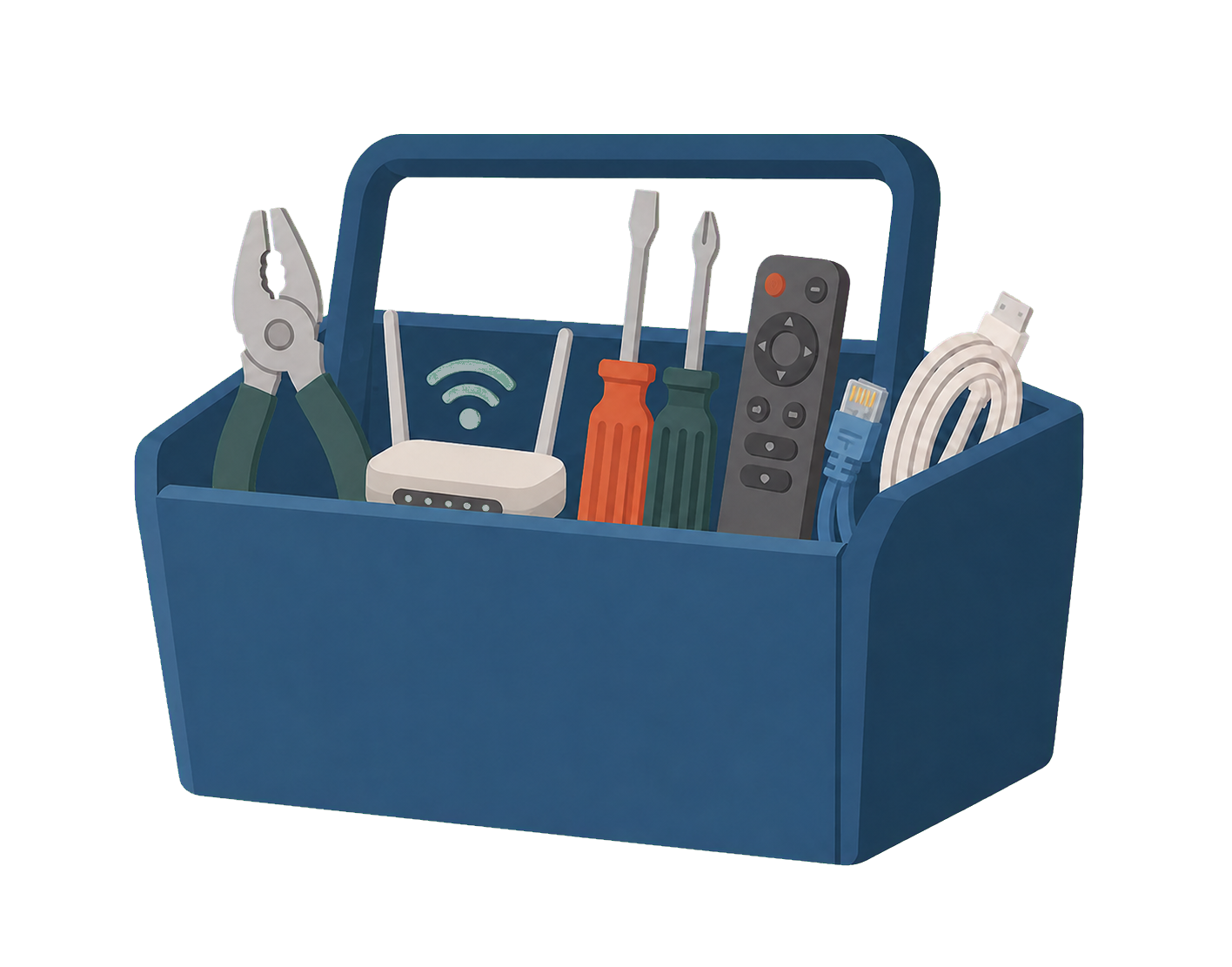 An open blue toolbox holding a Wi-Fi router, remote, cables, pliers, and screwdrivers